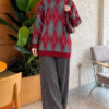 Honeycomb Pattern Knit Two-Piece Set Burgundy - Image 2