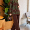 Gold Button Detailing Crewneck Two-Piece Set Brown - Imagen 5