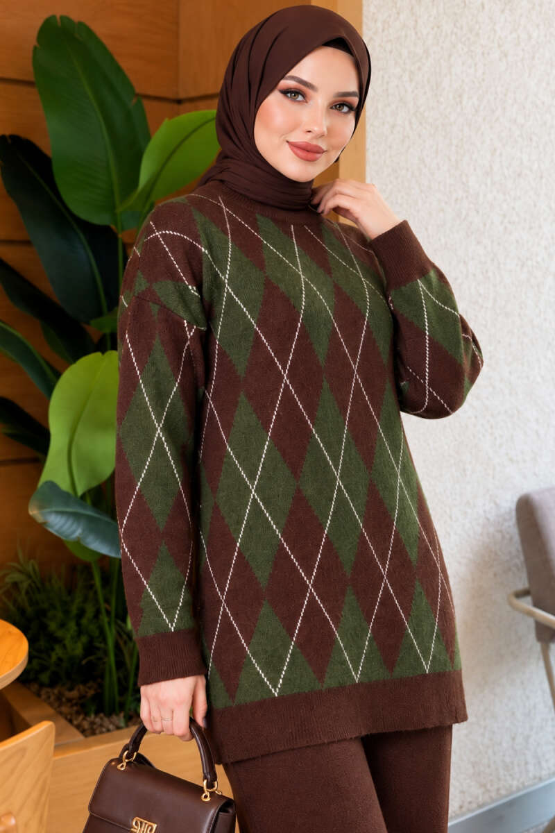 Honeycomb Pattern Knit Two-Piece Set Brown - Image 2