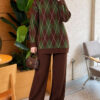 Honeycomb Pattern Knit Two-Piece Set Brown - Image 3