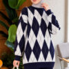 Honeycomb Pattern Knit Two-Piece Set Navy Blue - Image 2