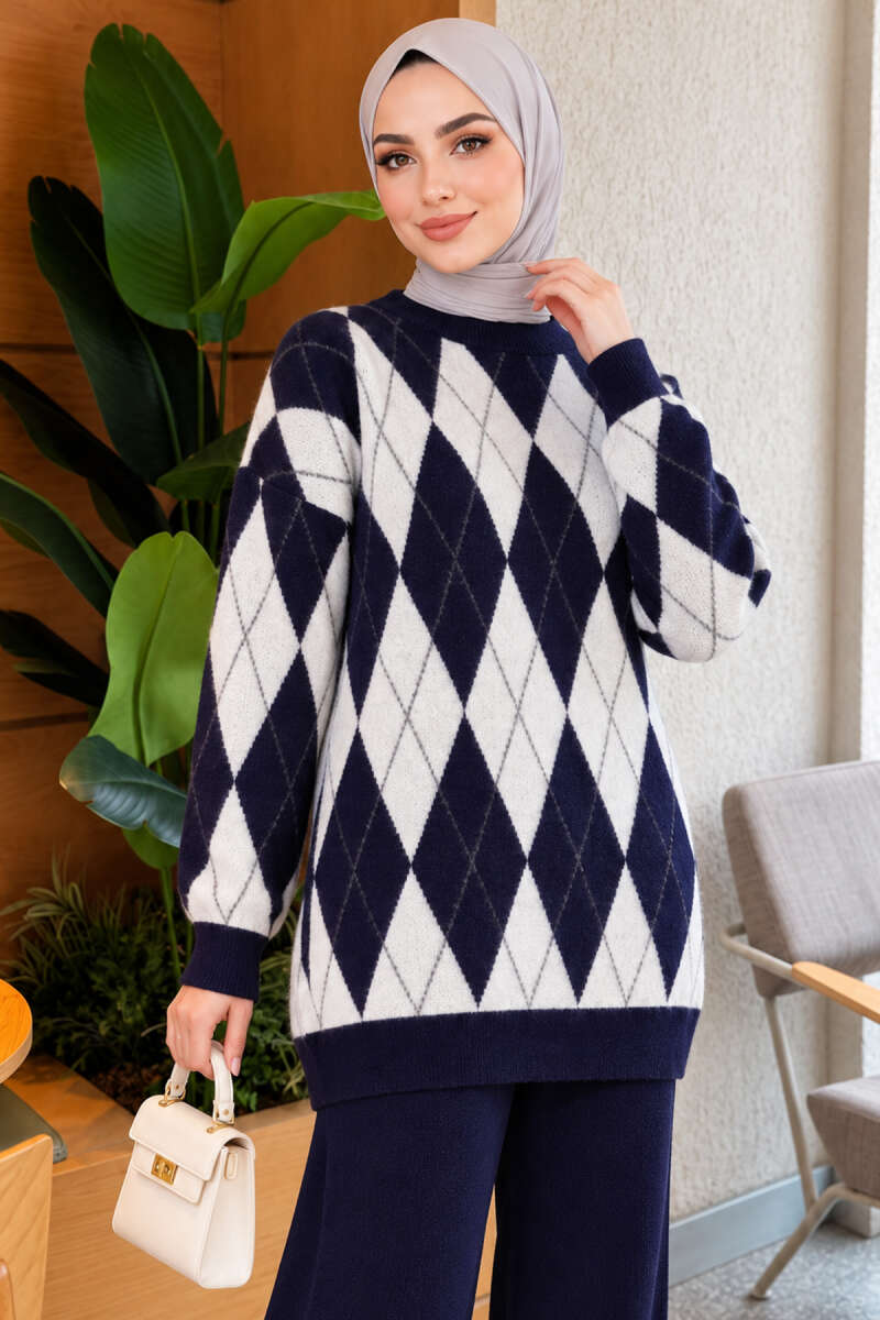Honeycomb Pattern Knit Two-Piece Set Navy Blue - Image 2