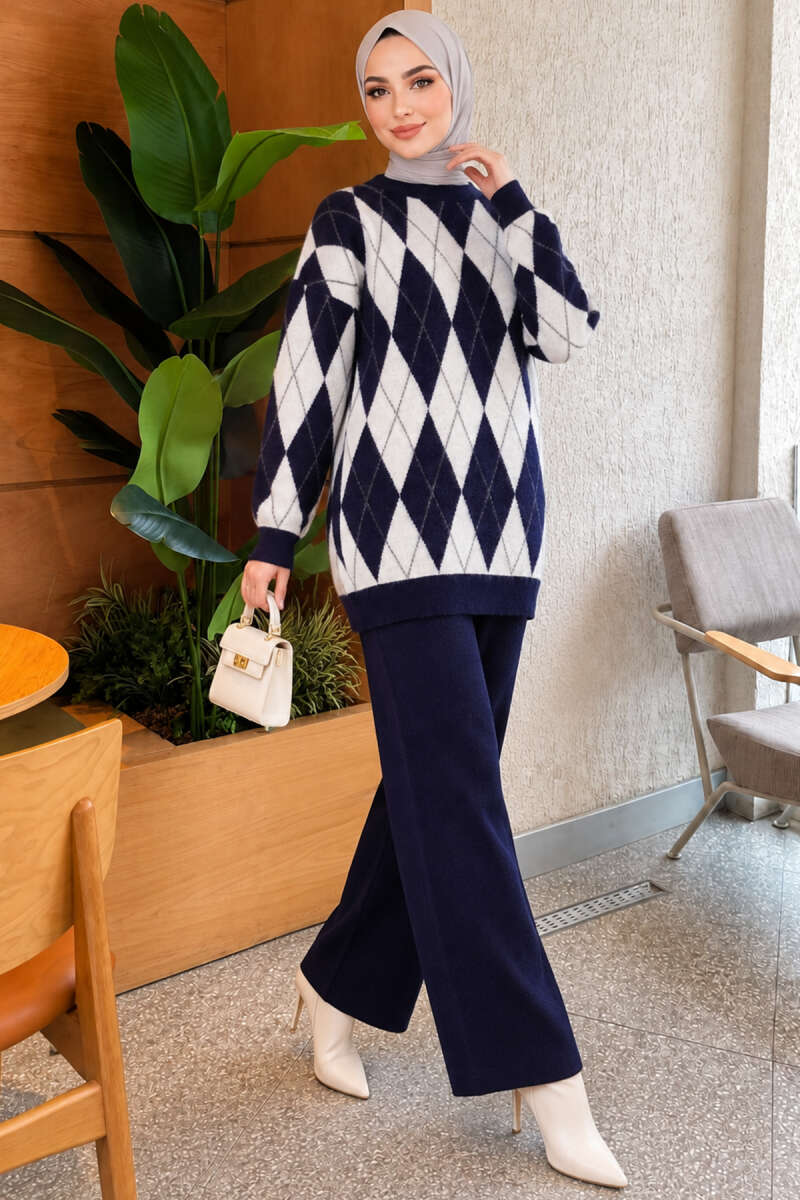 Honeycomb Pattern Knit Two-Piece Set Navy Blue - Image 3
