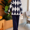 Honeycomb Pattern Knit Two-Piece Set Navy Blue - Image 4