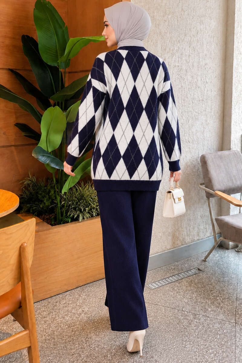 Honeycomb Pattern Knit Two-Piece Set Navy Blue - Image 4