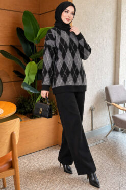 Honeycomb Pattern Knit Two-Piece Set Black