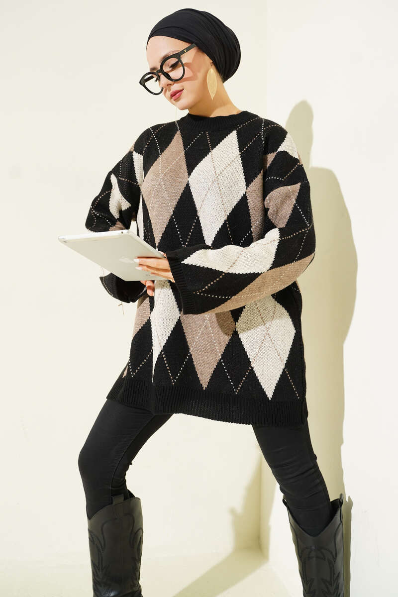 Honeycomb Pattern French Terry Knit Tunic Black