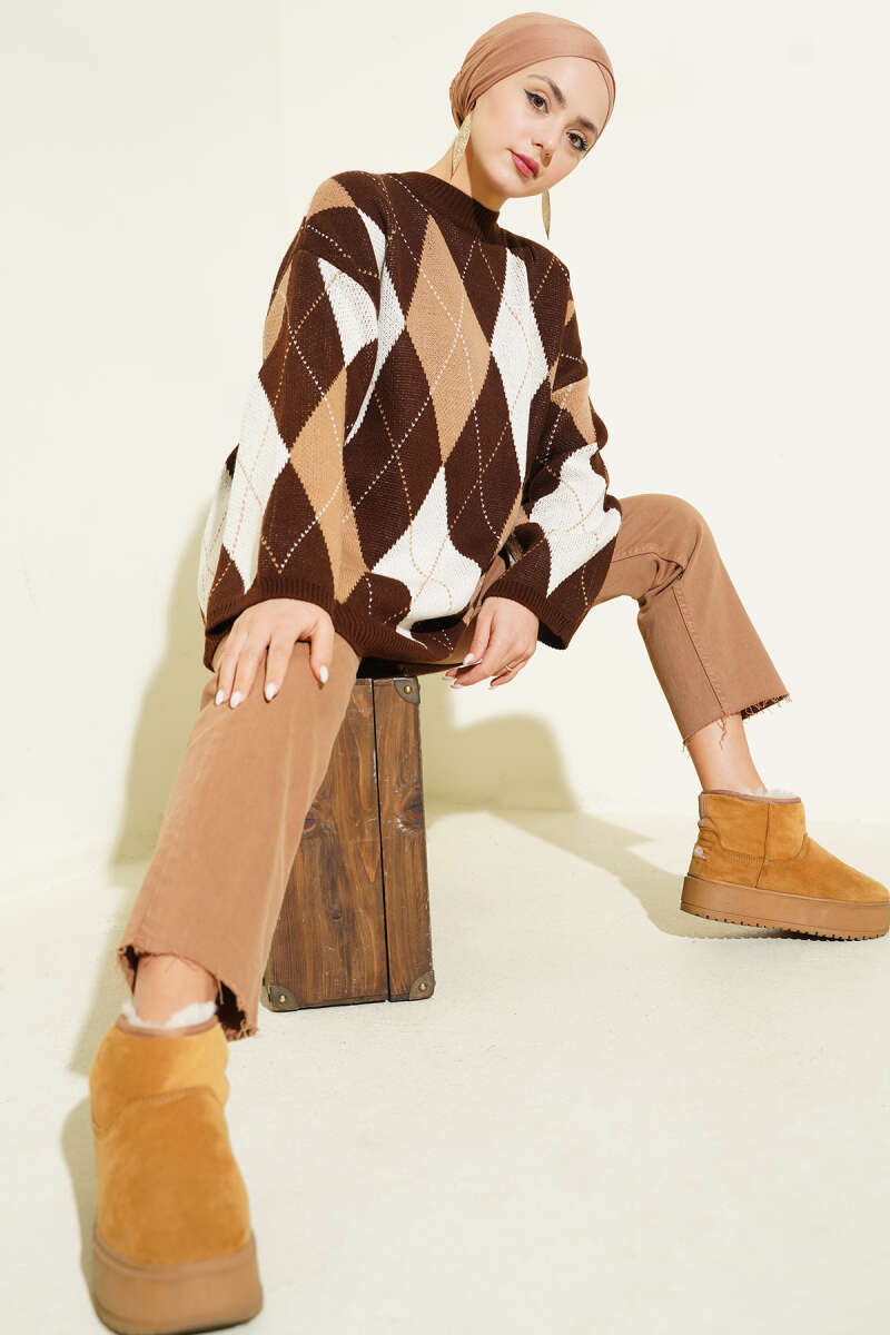 Honeycomb Pattern French Terry Knit Tunic Brown