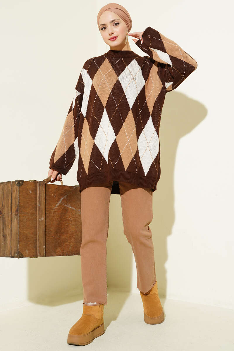 Honeycomb Pattern French Terry Knit Tunic Brown – Image 2