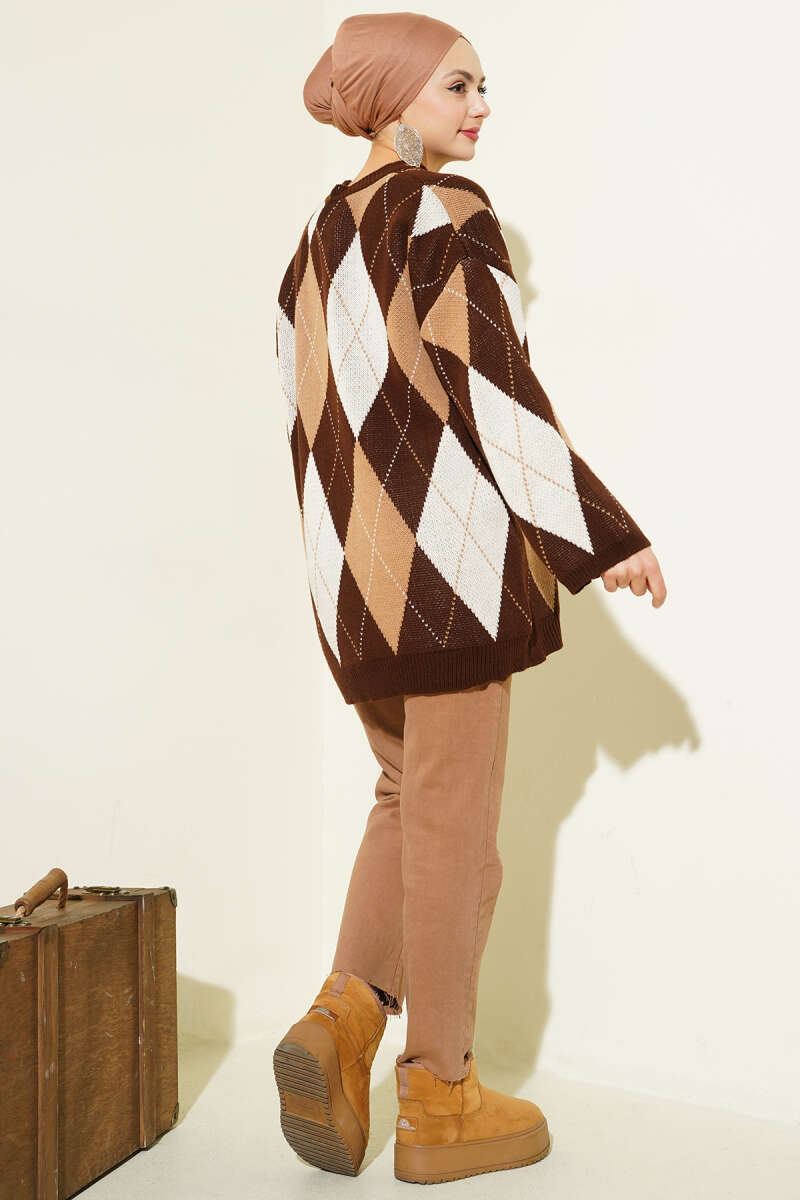 Honeycomb Pattern French Terry Knit Tunic Brown – Image 3