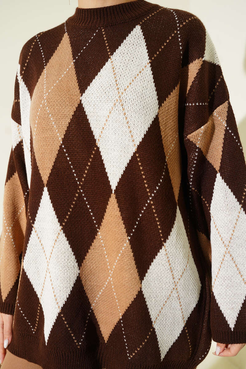 Honeycomb Pattern French Terry Knit Tunic Brown – Image 4