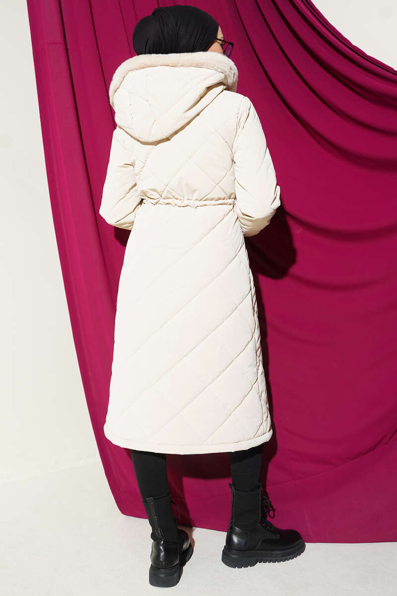 Padded Quilted Hooded Jacket Beige - الصورة 3