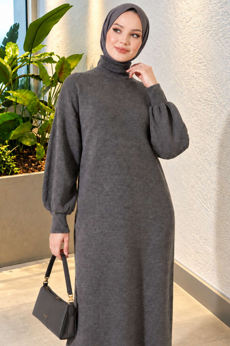 Crew Neck Plain Knit Dress Smoke – Image 2