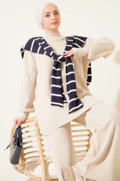 Alternative view of Ribbed Knit Two-Piece Set with Boat Neck Beige