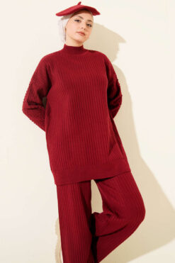 Alternative view of Ribbed Knit Two-Piece Set with Boat Neck Burgundy
