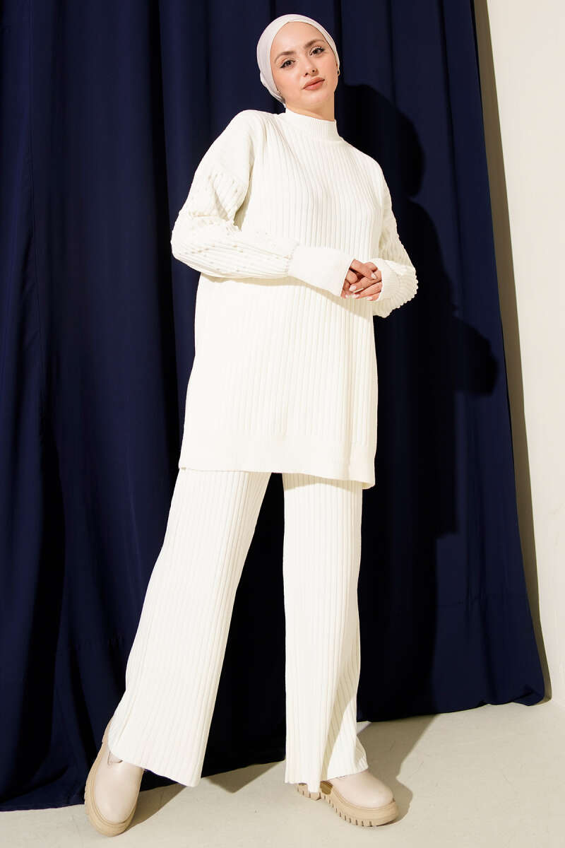 Ribbed Knit Two-Piece Set with Boat Neck Ecru