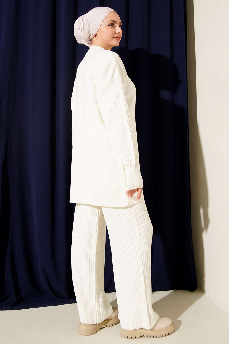 Ribbed Knit Two-Piece Set with Boat Neck Ecru - الصورة 3