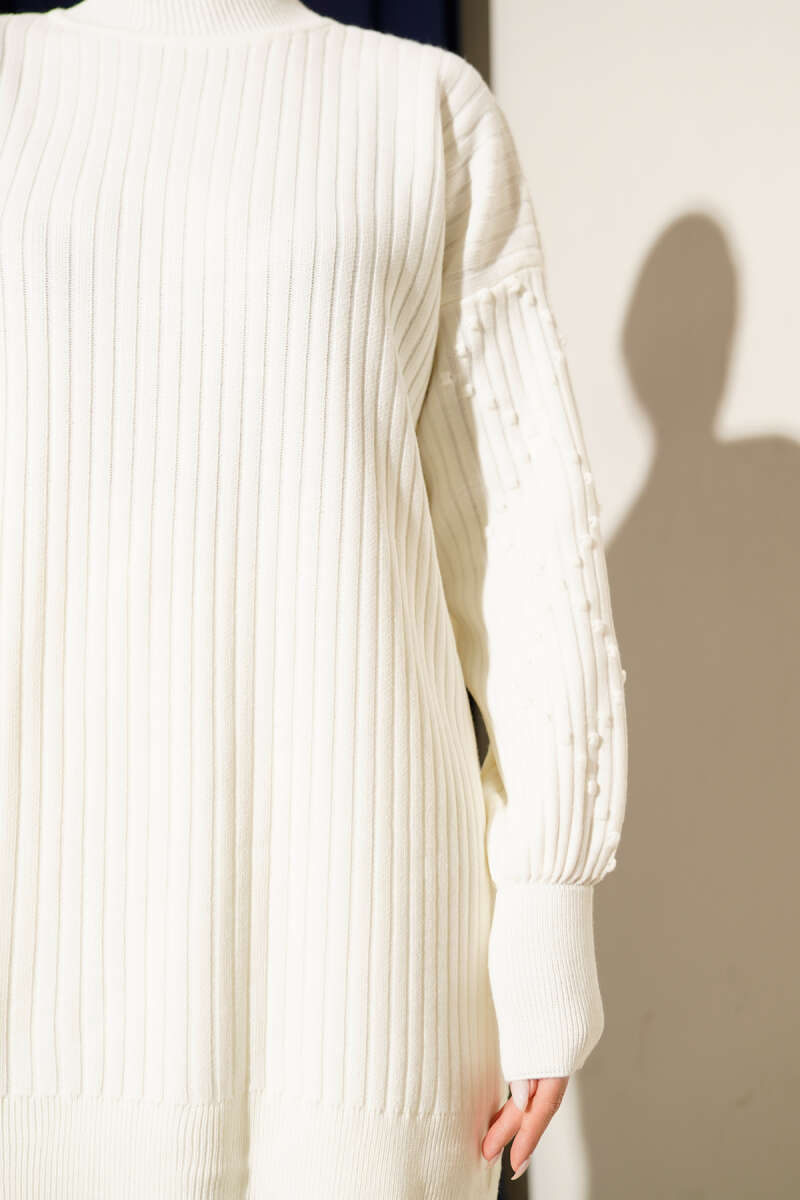 Ribbed Knit Two-Piece Set with Boat Neck Ecru - الصورة 4