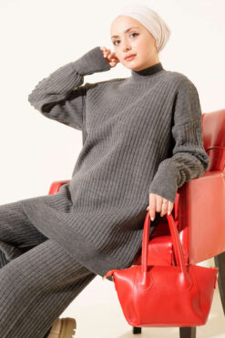 Alternative view of Ribbed Knit Two-Piece Set with Boat Neck Smoke