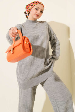 Alternative view of Ribbed Knit Two-Piece Set with Boat Neck Grey