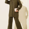 Ribbed Knit Two-Piece Set with Boat Neck Khaki