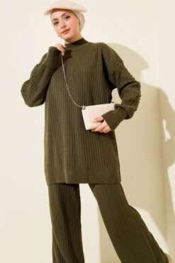 Alternative view of Ribbed Knit Two-Piece Set with Boat Neck Khaki