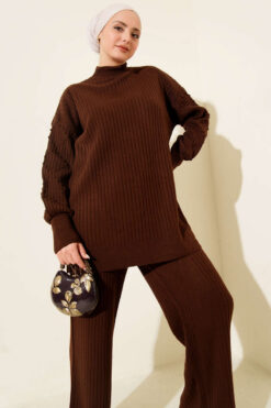 Alternative view of Ribbed Knit Two-Piece Set with Boat Neck Brown