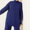 ⁦Ribbed Knit Two-Piece Set with Boat Neck Navy Blue⁩ - الصورة ⁦2⁩