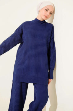Alternative view of Ribbed Knit Two-Piece Set with Boat Neck Navy Blue