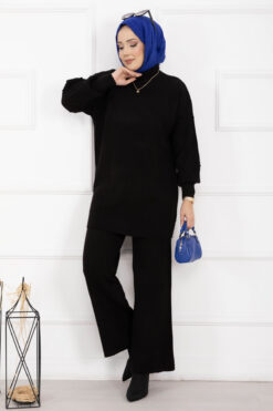 Fisherman Neck Ribbed Knit Two-Piece Set Black