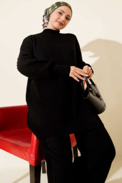 Alternative view of Ribbed Knit Two-Piece Set with Boat Neck Black
