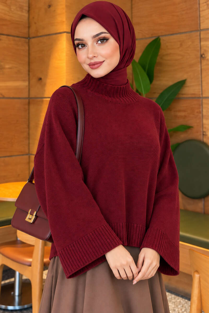Wide-Sleeve Crew Neck Sweater Burgundy