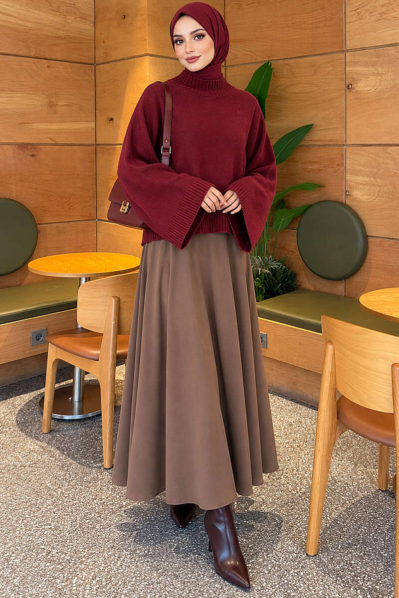 Wide-Sleeve Crew Neck Sweater Burgundy - الصورة 2