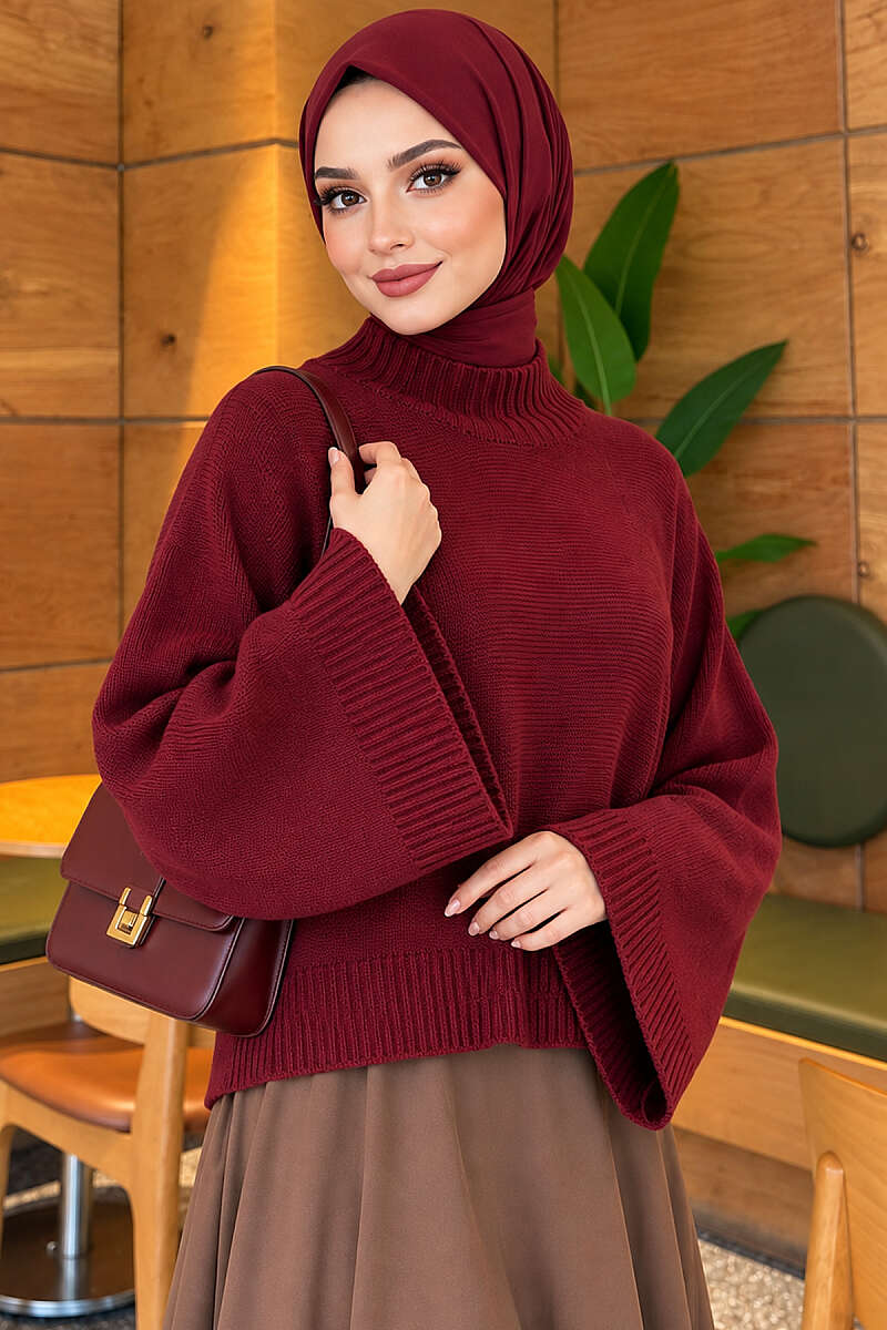 Wide-Sleeve Crew Neck Sweater Burgundy - الصورة 3