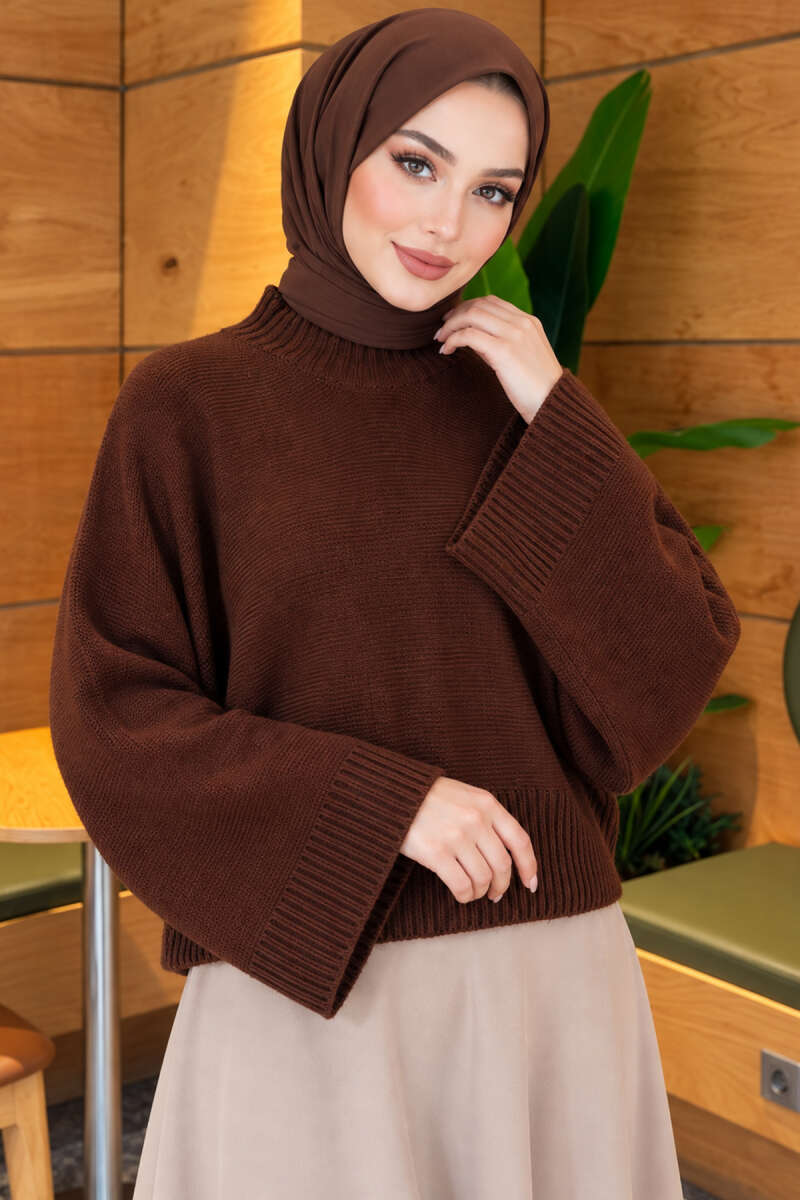 Wide-Sleeve Crew Neck Sweater Brown