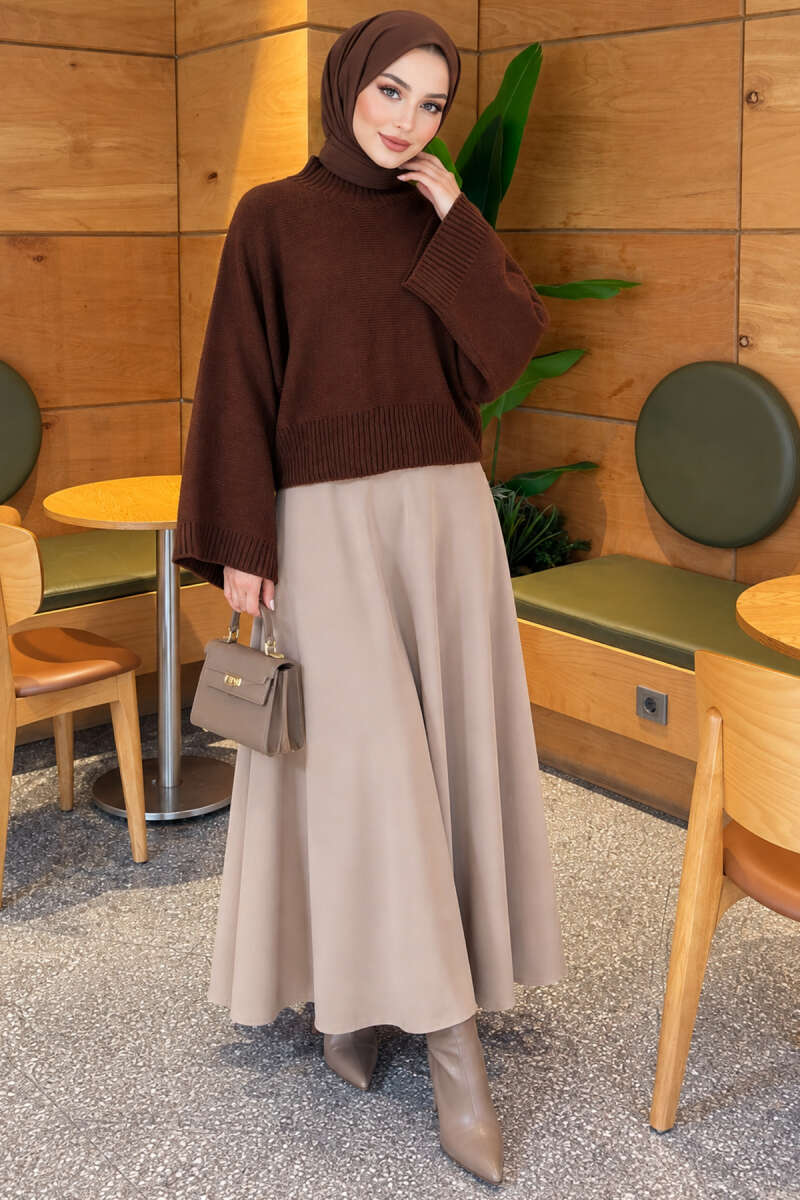 Wide-Sleeve Crew Neck Sweater Brown – Bild 2