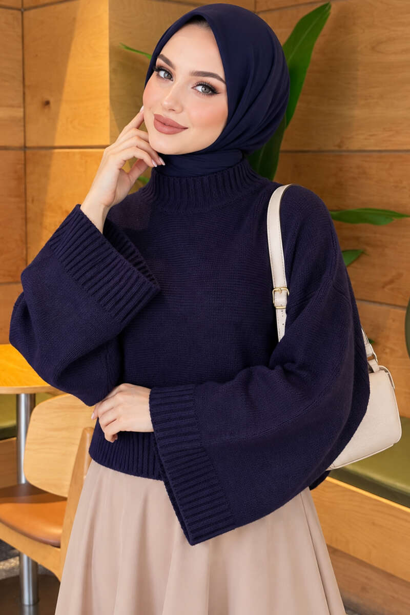 Wide-Sleeve Crew Neck Sweater Navy Blue - Imagen 3