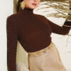 Fisherman Neck Fingerless Knit Sweater Brown
