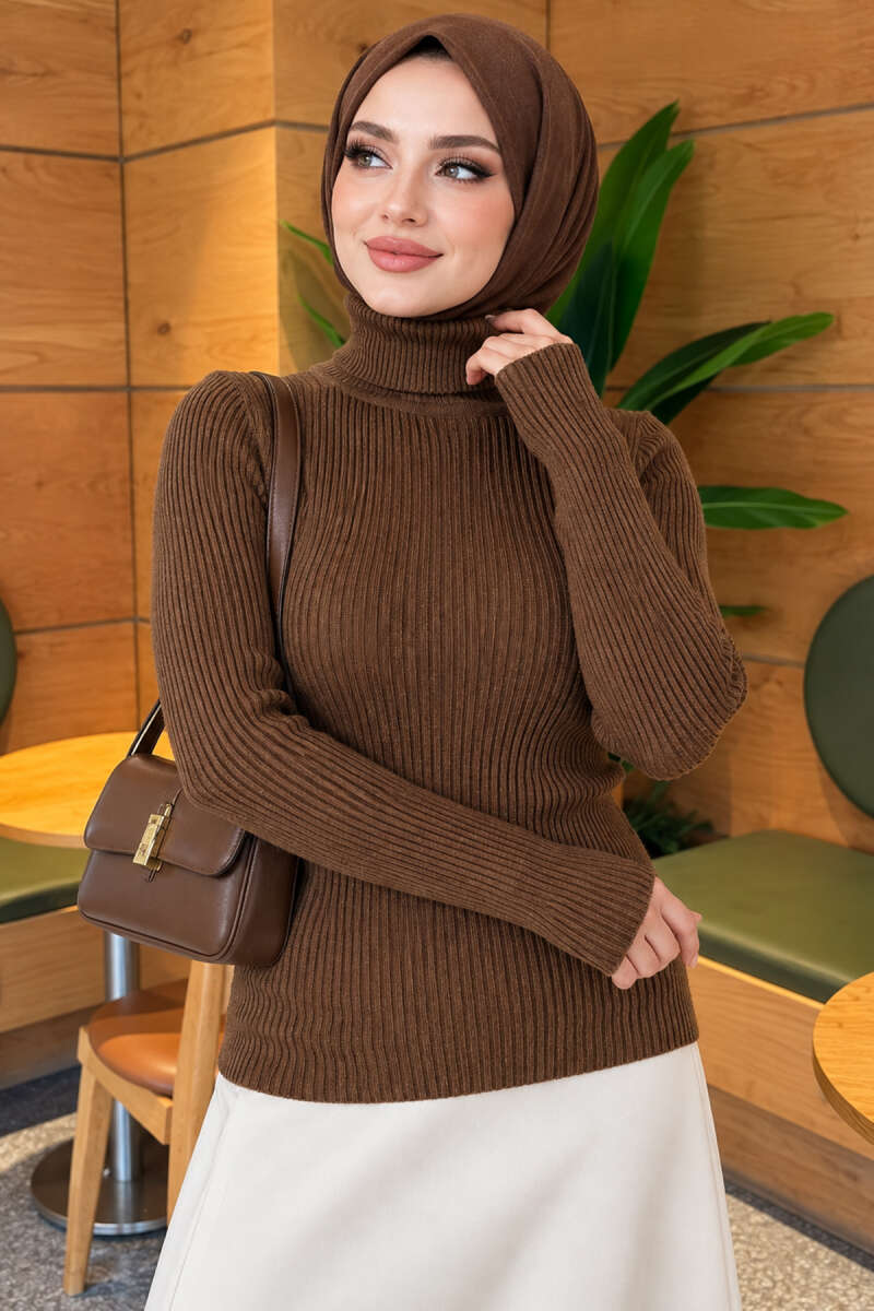 Fisherman Neck Fingerless Knit Sweater Olive Green - Image 3