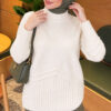 Ribbed Collar Bearded Knit Tunic Ecru