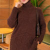 Ribbed Collar Bearded Knit Tunic Brown