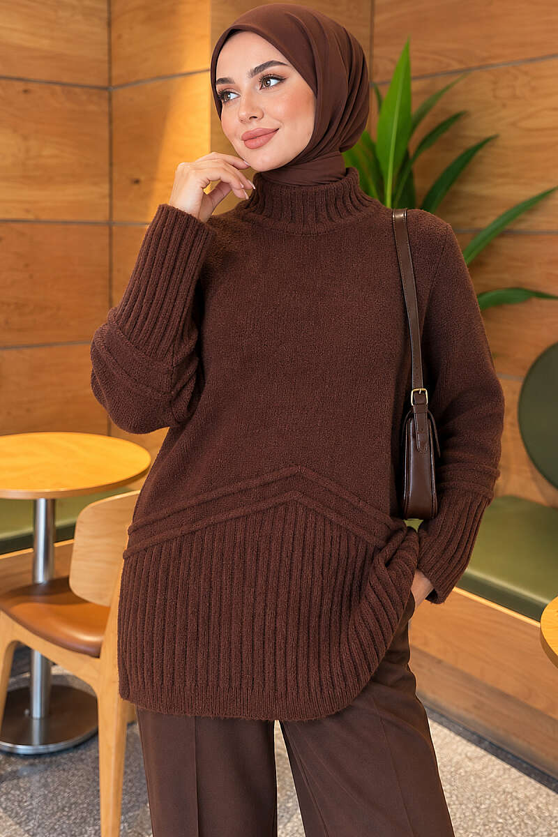 Ribbed Collar Bearded Knit Tunic Brown - Imagen 3