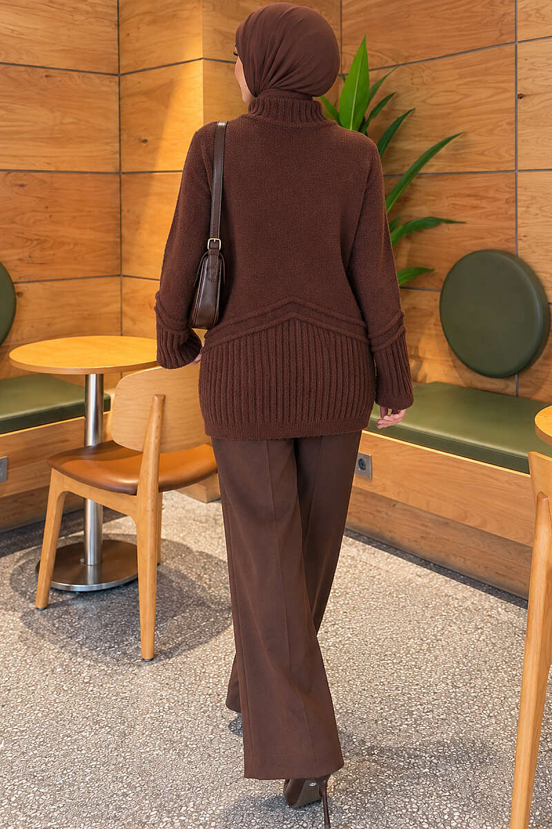 Ribbed Collar Bearded Knit Tunic Brown - Imagen 4
