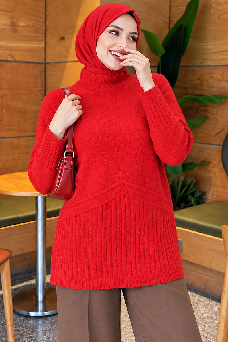 Ribbed Collar Bearded Knit Tunic Red