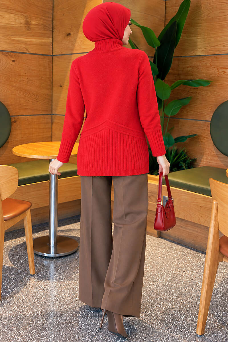 Ribbed Collar Bearded Knit Tunic Red - Imagen 4