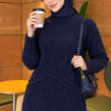Ribbed Collar Bearded Knit Tunic Navy Blue
