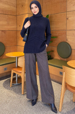 Alternative view of Ribbed Collar Bearded Knit Tunic Navy Blue