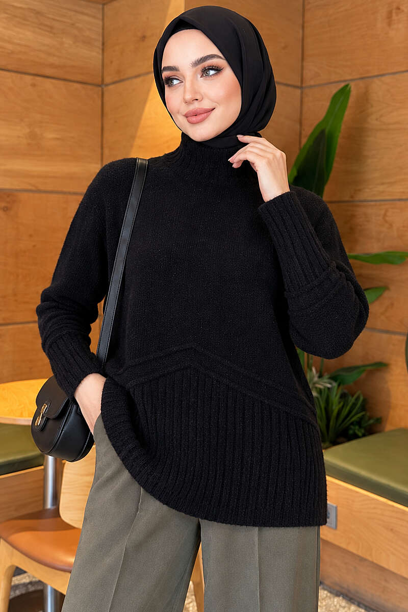 Ribbed Collar Bearded Knit Tunic Black - immagine 3