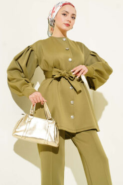 Alternative view of Balloon Sleeve Waist-Tie Scuba Two-Piece Set Hazel