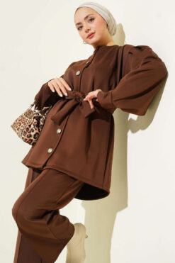 Alternative view of Balloon Sleeve Waist-Tie Scuba Two-Piece Set Brown